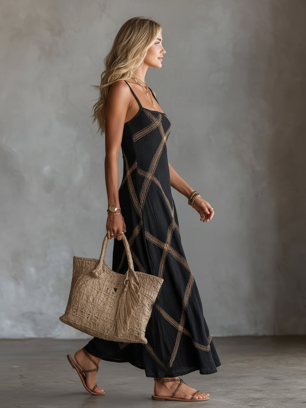 OLIVIA MONTES - Vestido Vittoria, Geométrico Negro y Camel