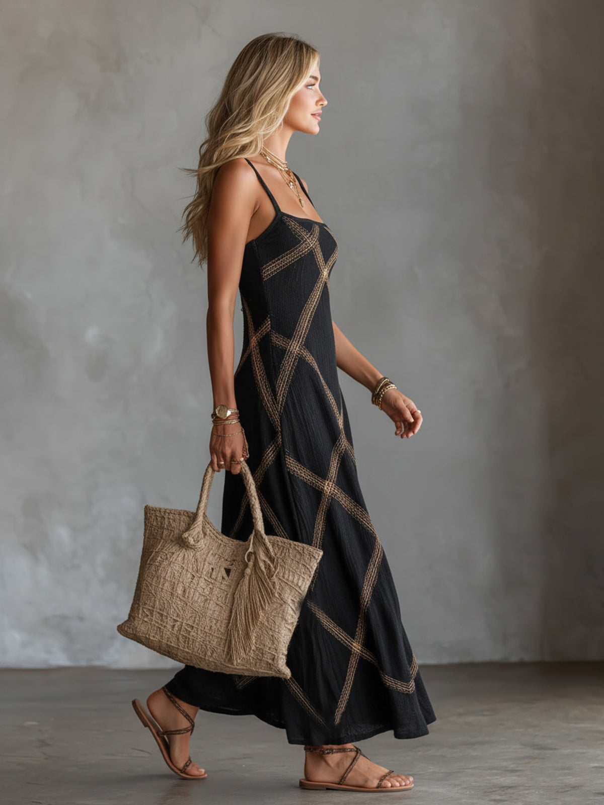 OLIVIA MONTES - Vestido Vittoria, Geométrico Negro y Camel